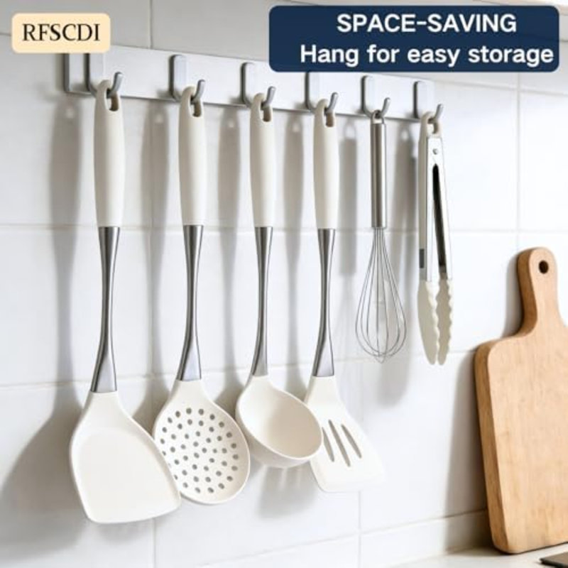 Ensemble d'ustensiles de cuisine en silicone blanc - Non toxique, résistant à la chaleur et sans BPA. Comprend une spatule, une cuillère, un fouet et une pince. Antiadhésif et compatible lave-vaisselle.