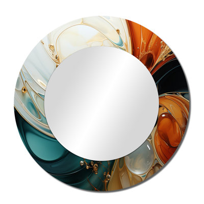 Orange and Emerald Marble Lava IV – Modern Oversized Round Accent Mirror, Printed on Metal
