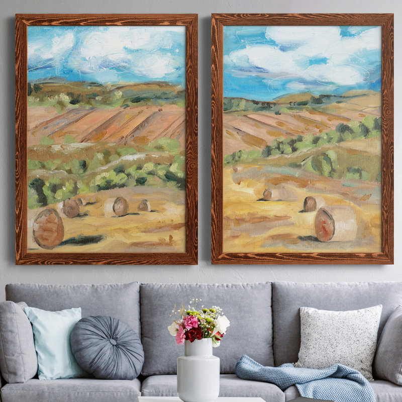 Hay Bales I - ensemble de 2 peintures sur toile encadrées, H 37,5 po x l 55 po x P 1,5 po, Toile avec cadre érable