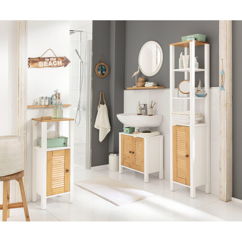 Ayanna Solid Wood Bathroom Cabinet, White/Brown
