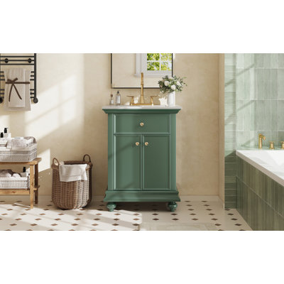 24" Modern Bathroom Vanity with A Tip-Out Drawer & Soft-Close Hinges, Bathroom Cabinet with Back Open Structure, Ball-Turned Legs with French Elegance