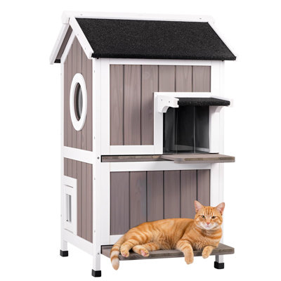 Abri pour chat en bois à 2 étages avec portes de secours pour l'extérieur et l'intérieur