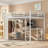 Queen Size Loft Bed Frame With Built-In Wardrobe, Metal Loft Bed With Desk And Storage Shelves, White Wood-Grain