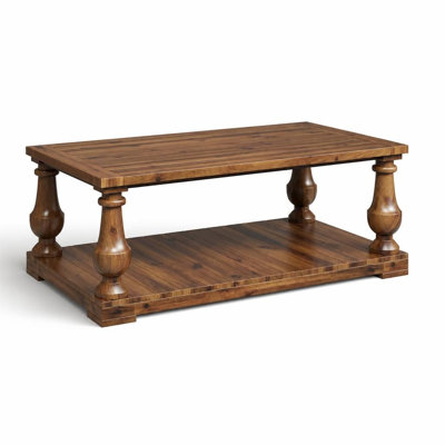 Farmhouse Coffee Table with Storage Shelf, Solid Wood Turned Legs, 2-Tier Rustic Wood Center Table for Living Room, Sturdy Rectangular Sofa Side Table