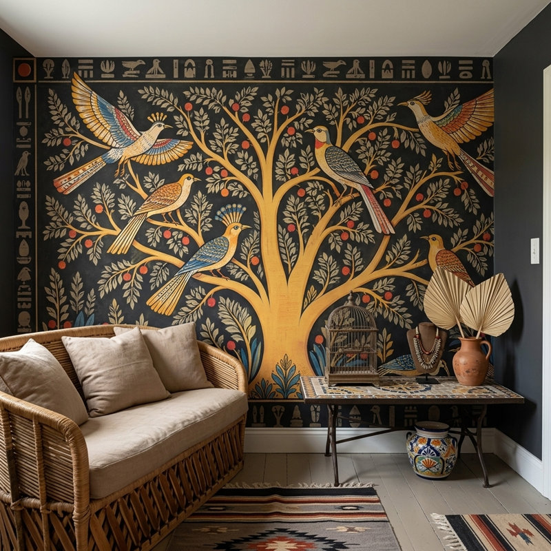 Art mural égyptien représentant l'arbre de vie, les oiseaux sacrés et les hiéroglyphes anciens, 100"x96", Peel and Stick