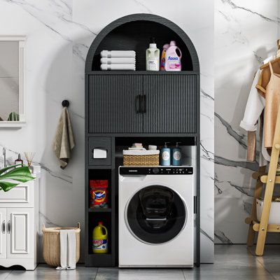 AHB Over The Toilet Storage Cabinet, Freestanding Bathroom Organizer with Adjustable Shelf and Anti-Tip Device, Arched Cabinet with Doors, Space-Saving Toilet Storage for Bathroom, Laundry, Mini Bar