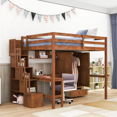 Loft Bed with L-Shaped Desk, Wardrobe, Storage Staircase and USB Charging Station