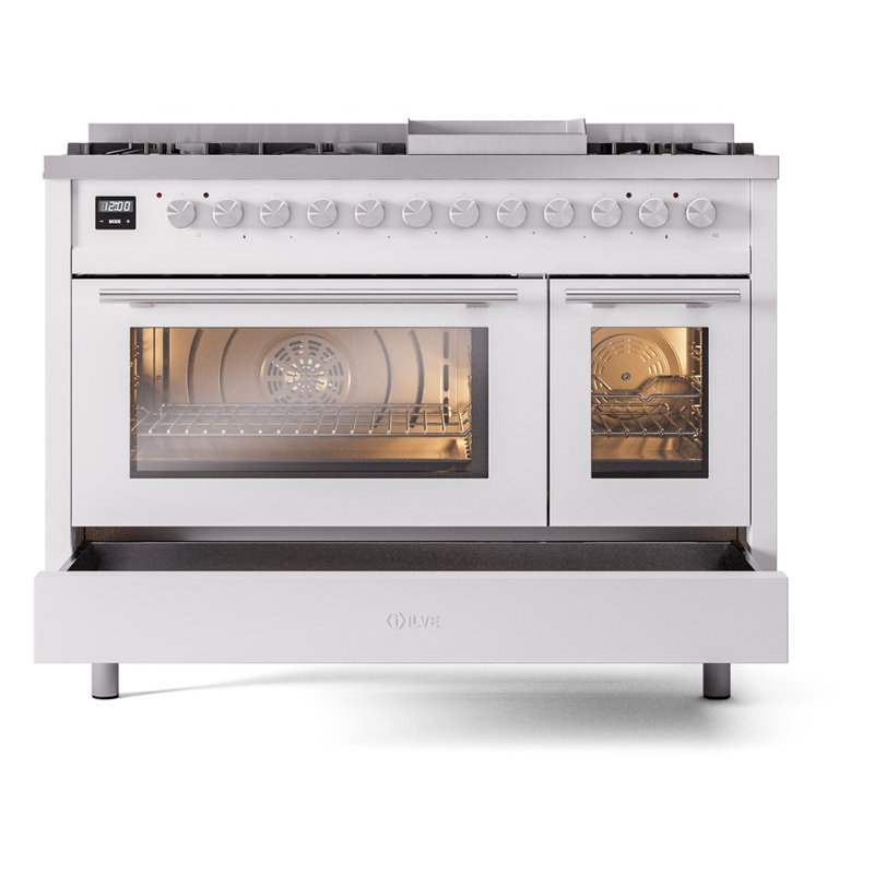 ILVE Professional Plus II 48 cuisinière à double combustible, 8 brûleurs scellés, plaque chauffante (blanc), Blanc