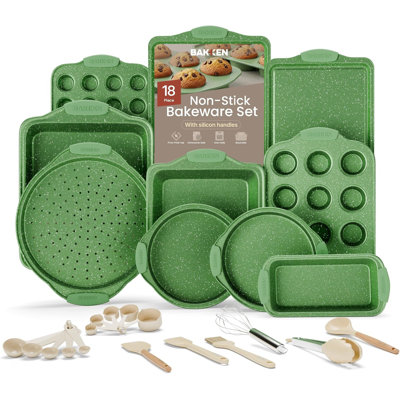 Bakken 18-piece Nonstick Baking Pan Set – Green Marble Carbon Steel Bakeware With Green Silicone Handles, Oven Safe 450°f, Pfoa-free