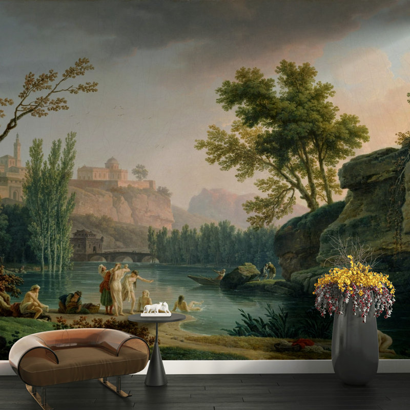 Papier peint néoclassique avec paysage de rivière, antiques baigneurs, paysage italien, L 160 po x L 108 po