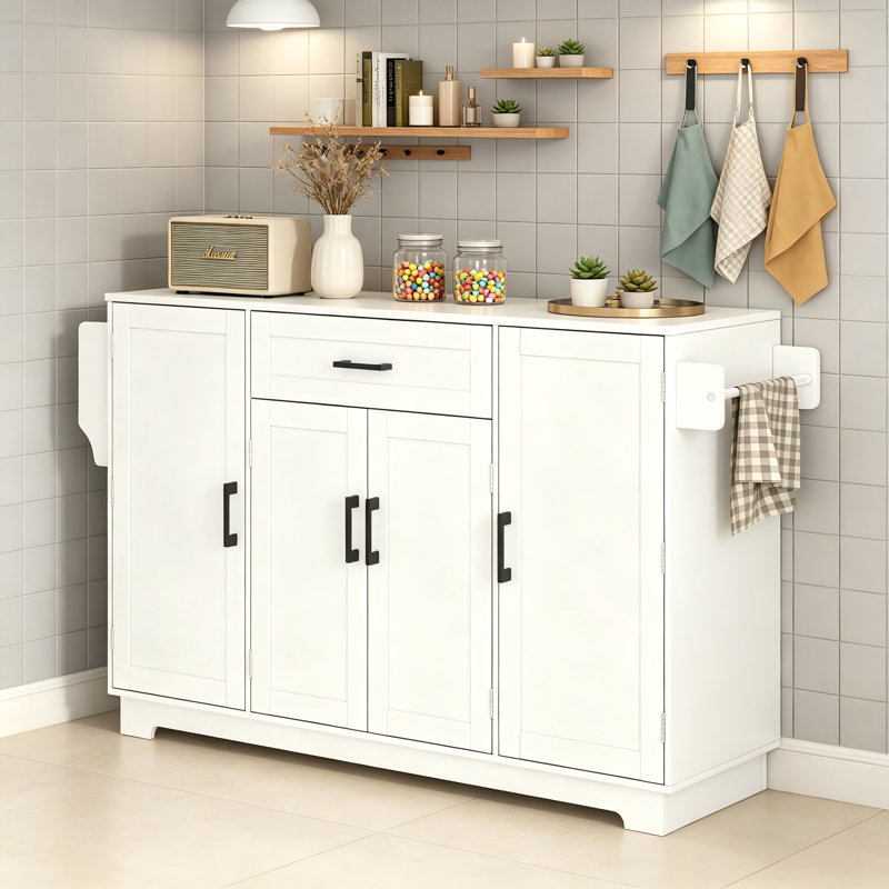 54.3-Inch U-Shaped Sideboard — 4-Door, 1-Drawer Storage With Interior Shelves, Side Shelving, And Hanging Rod, White