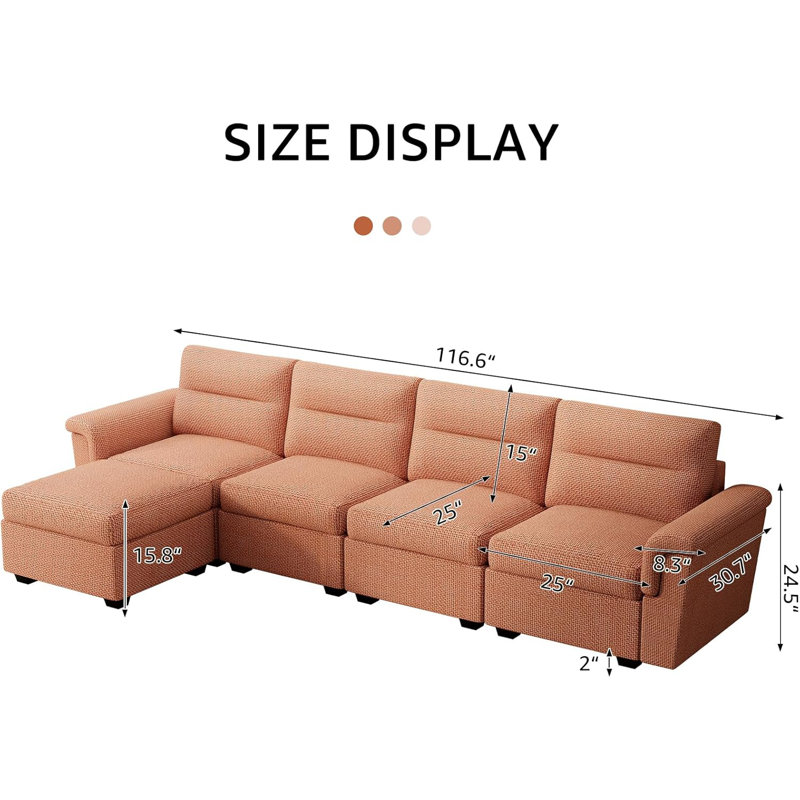 Canapé modulaire réversible 5 pièces avec rangement, Rouge brique