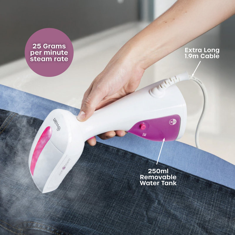 Swan SI12020N Handheld Garment Steamer, Lightweight, Removable Fabric Brush, Extra-Long 1.9m Power Cable, 1100W, 250ml Water Tank,White and Pink