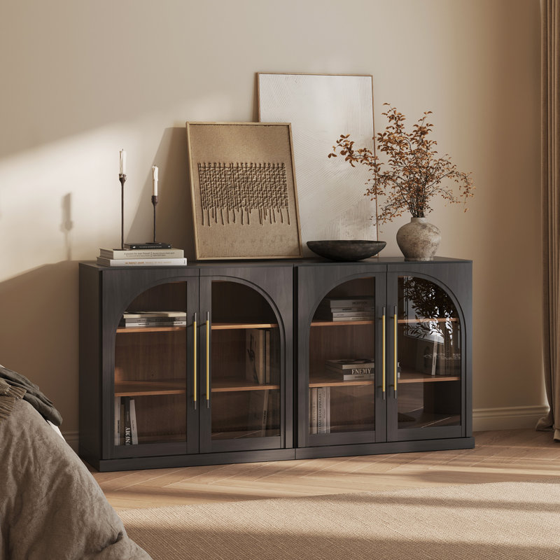 Ensemble de 3 buffets modulaires avec porte en verre arquée et tablettes réglables, ébène, Ébène