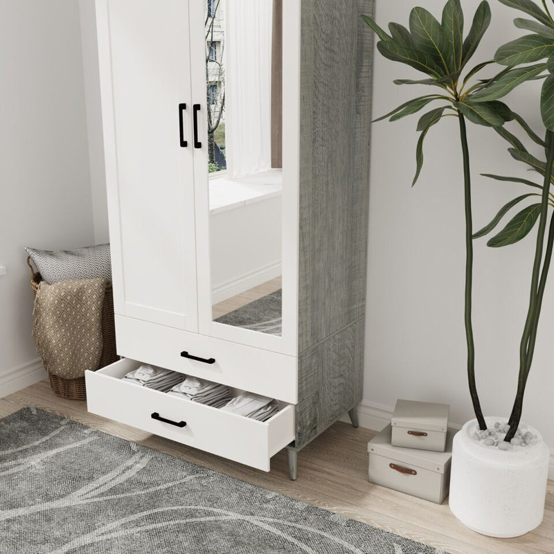 Bostick Solid Wood Wardrobe, Ash Grey/White