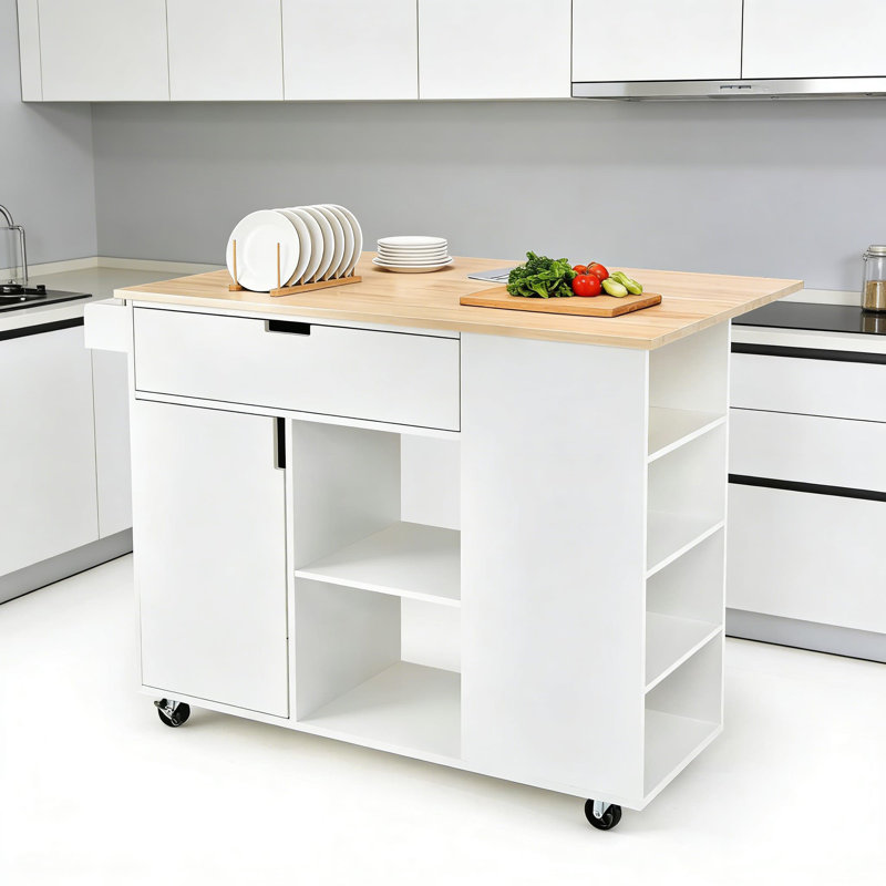 Kitchen Island Cart With Drop-Leaf Countertop, Spice Rack, Storage Shelves And Drawer, Mobile Serving Cart On Locking Wheels For Kitchen, Dining Or Coffee Bar