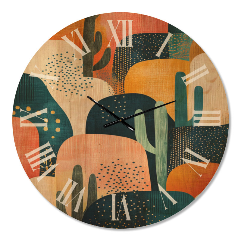 Horloge murale bohème cactus du désert - Bleu sud-ouest américain, imprimée sur bois, Très grand