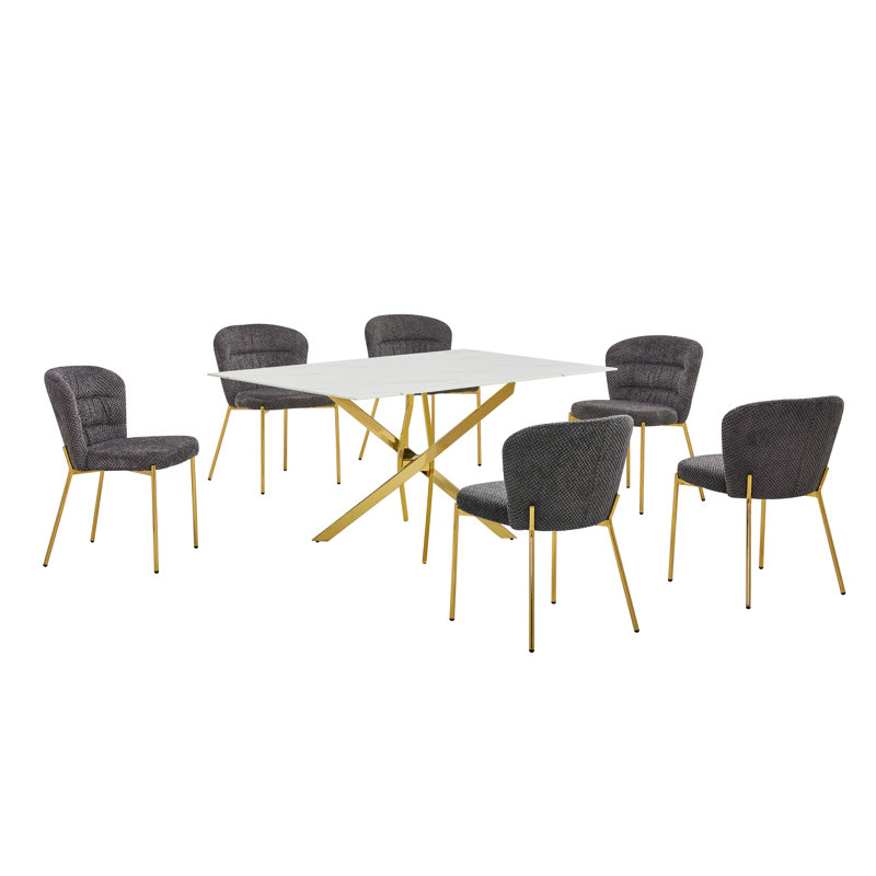 Rectangular Glass With White Marble Wrap Dining Set With Fluffy Chairs, Dark Gray