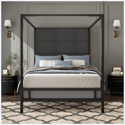 Bed Frame Bed Frame with Upholstered, Metal, Linen Fabric, Modern, Canopy Dark Grey