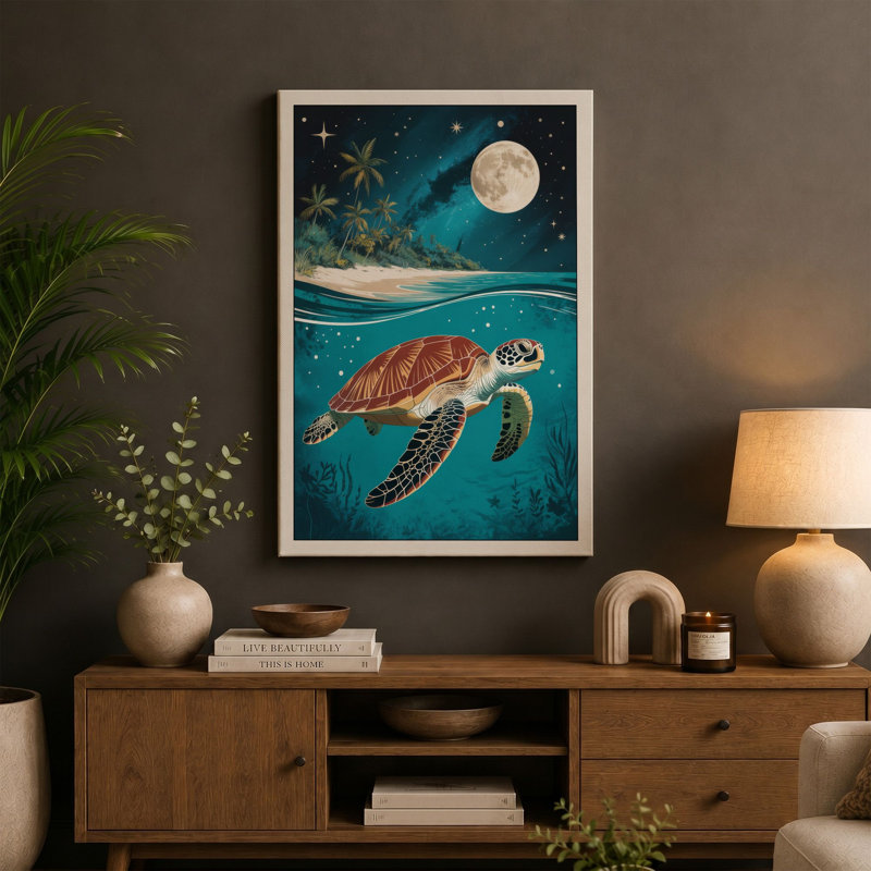 Turtle Under Moonlight Coastal - Wrapped Canvas, 24x16 - 61.0 x 40.6 cm, Terracotta Border