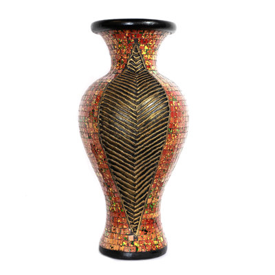 Vase de sol Zorigs, vase en mosaïque de 24 pouces - grand cylindre en terre cuite avec des pièces de mosaïque en verre rouge, orange et vert - pièce décorative décorative fabriquée à la main pour la chambre à coucher, le salon