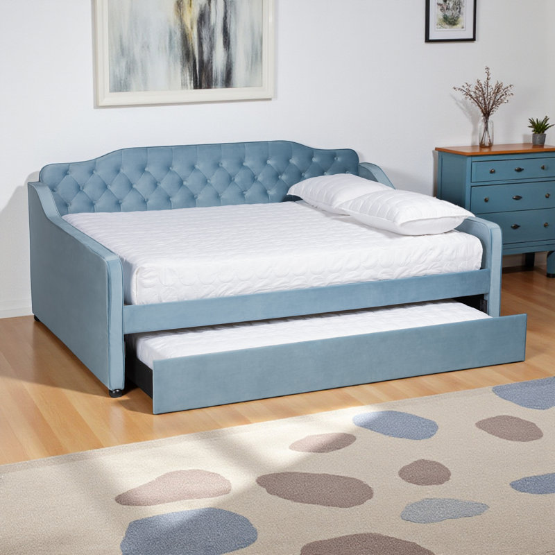 Varol Queen Size Upholstered Daybed Trundle Bed in Light Blue, 39.09'' H X 83.25'' W X 63.76" L, Light Blue, Queen