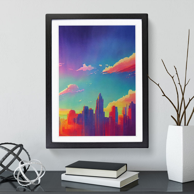 City Skyline Watercolour No.3 - Wall Art, 66cm H x 48cm W x 2cm D, Black Framed, White