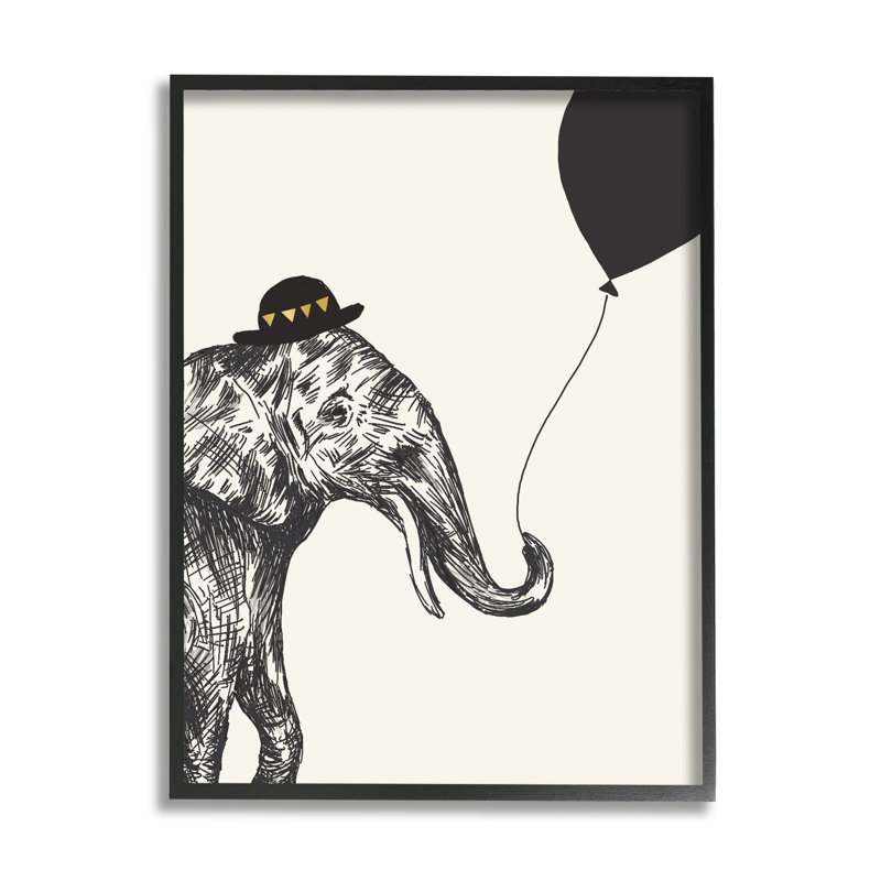 Éléphant avec un chapeau de Derby tenant un ballon noir, H 14 po x l 11 po x P 1,5 po, Giclée encadrée noir minuit