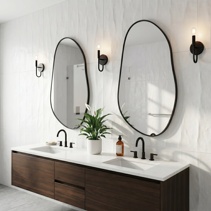 Modern Asymmetrical Aluminum Framed Wall Mirror for Bathroom Vanity, 38" x 20", Matte Black