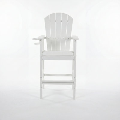 All-Weather HDPE Bar Height Adirondack Chair, Outdoor Patio Bar Chair With Armrests & Cup Holder, UV/Weather Resistant, White (WH)