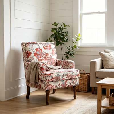 4 pack Upholstered Accent Chair with Solid Wood Legs Nailhead Trim – Floral Pattern Slipper Chair, High-Density Foam Cushion, Farmhouse Side Chair f