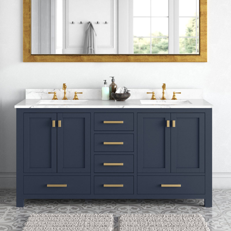 Souther 60" Double Bathroom Vanity with Top, Navy Blue, Cala White Marble