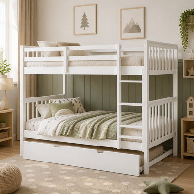 Full over Full Bunk Bed with Twin Size Trundle and Ladder-White