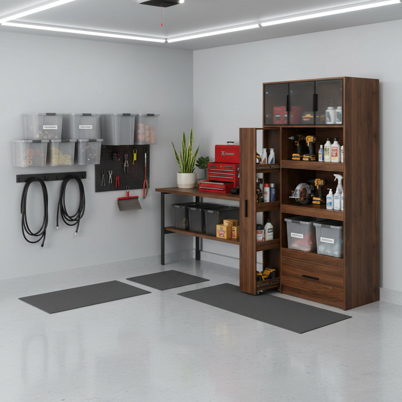 Expandable Garage Storage Cabinet with Pull-Out Organizer & Multi-Shelf Design – Walnut/White Utility Cabinet