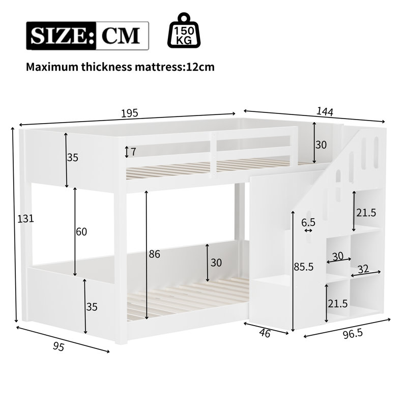 Single (3') Bunk Bed with storage stairs white