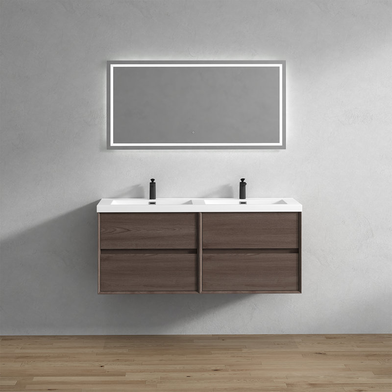 Ensemble de meuble-lavabo double mural 59 po Seavy, Chêne rouge