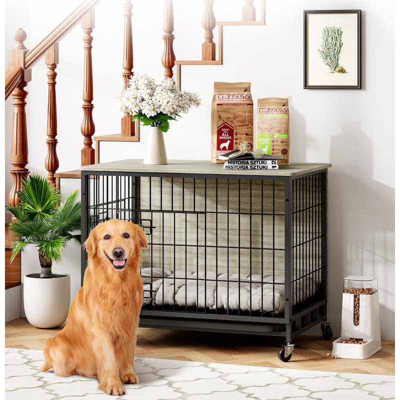 Dog Crate Furniture, Double-Doors Dog Kennel Indoor With Removable Tray And Wheels