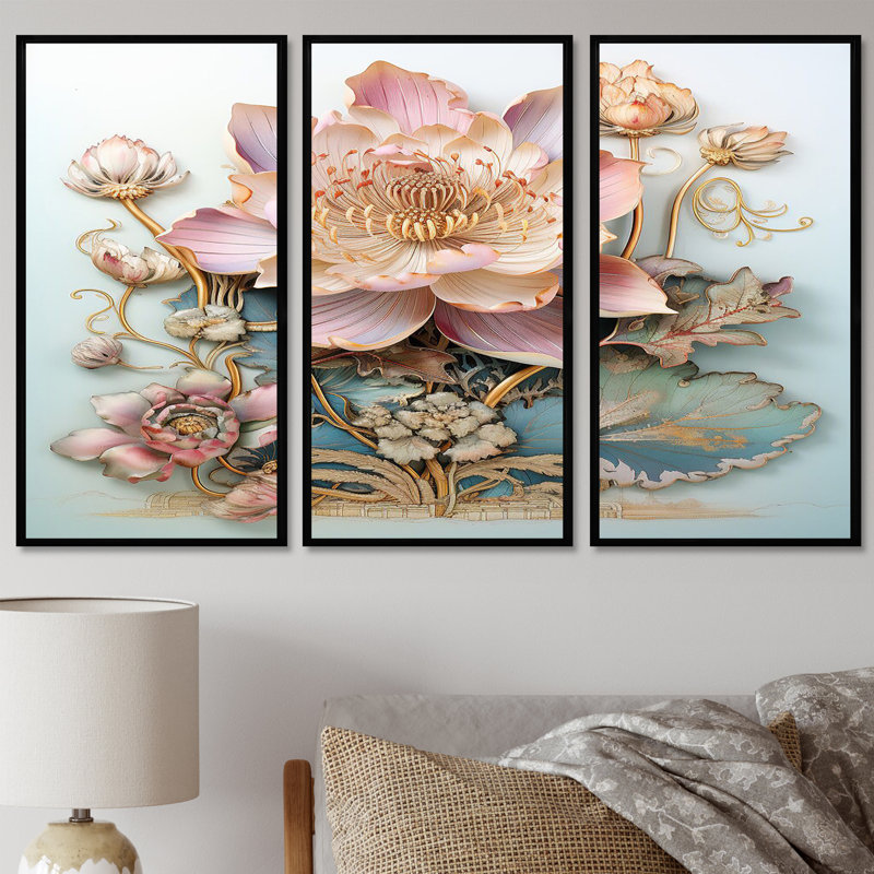 Kean - lot de lotus d'art mural, Cadre flottant noir, H 32 po x l 48 po x P 1 po