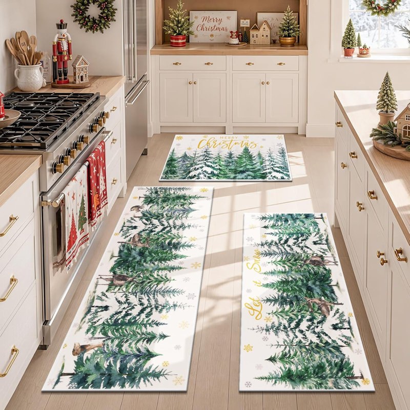 Non-Slip Washable Kitchen Mat Christmas Decor (Set of 3), Green