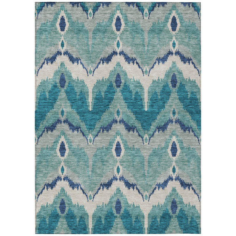 Tapis intérieur / extérieur lavable ikat bleu sarcelle et ivoire HomeRoots 10 pi x 14 pi