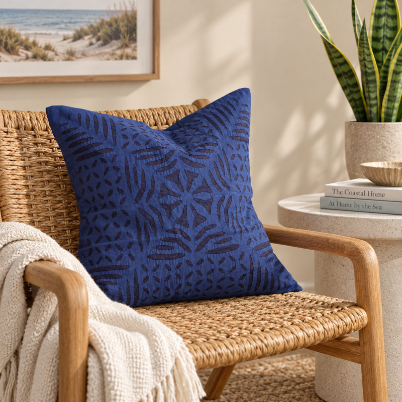 Housse de coussin décorative 100 % coton appliqué floral géométrique bleu, Bleu