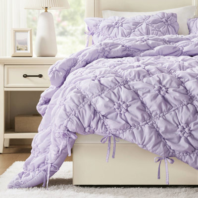 3 pièces d'édredon double / grand en microfibre mauve, floral texturé avec froncement élastique, confortable et léger pour une utilisation toute l'année, lavable à la machine en mauve, cravates de confort toutes saisons, doux