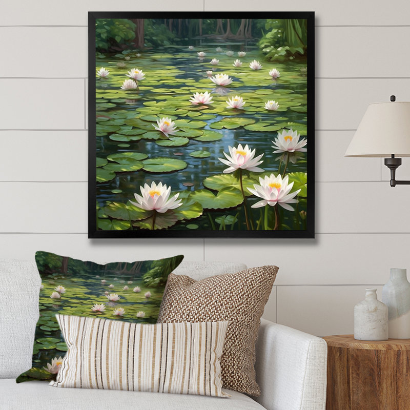 Magical Lotus Lily Pad Pond - Impression sur toile encadrée Lotus, Cadre simple noir, H 24 po x l 24 po x P 1 po