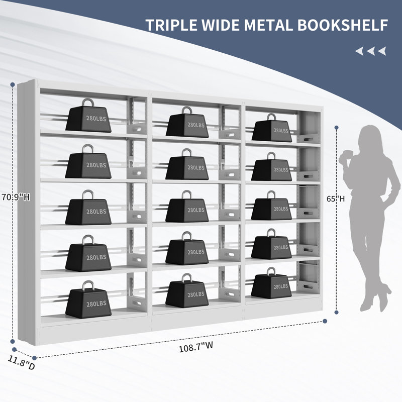 71" Metal Book Shelf, 5 Tier   Bookshelf With Adjustable Shelves, 108.7"w Bookshleves And Bookcases, Heavy Duty Library Book Case, Expandable Combination Bookshelf, 71"h X 108.7"w X 11.8"d