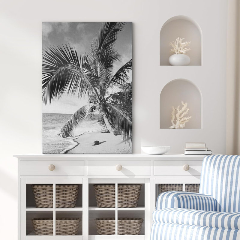 «Vintage Film Grain Beach & Palm Tree Floral Plants», photographie d'art moderne rustique sur toile, Toile tendue