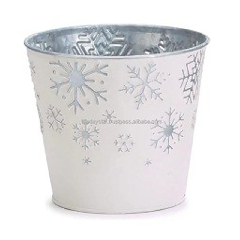 White Metal Galvanized Christmas Planter with Snowflakes, 7" Height, 7.25" Width, Set of 2, 9.5'' H x 9'' W x 9'' D