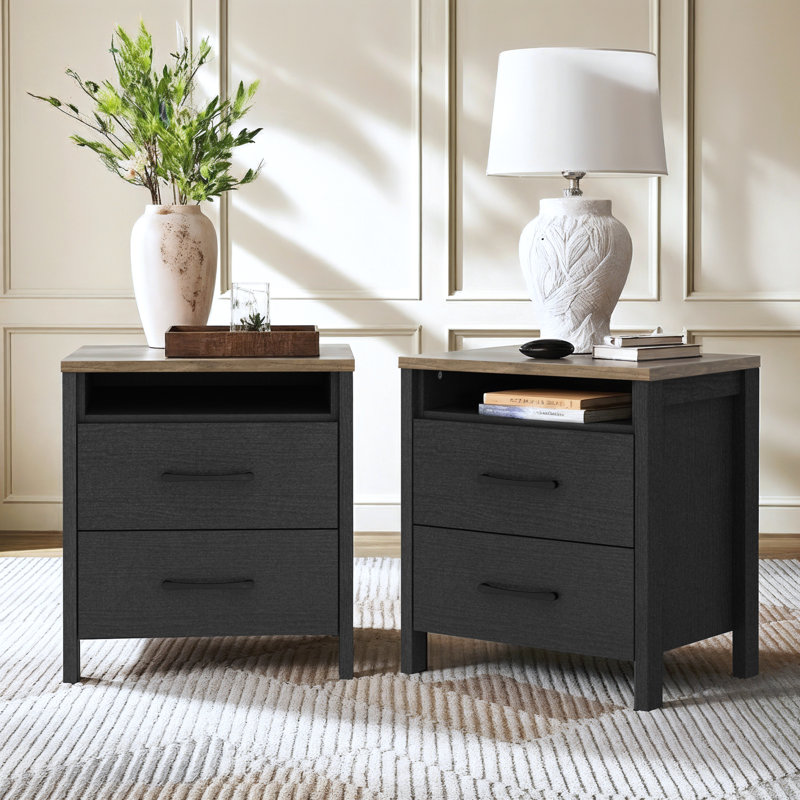Pruitt 22.7" 2 Drawer Nightstand, Black Oak/Knotty Oak, Set of 2