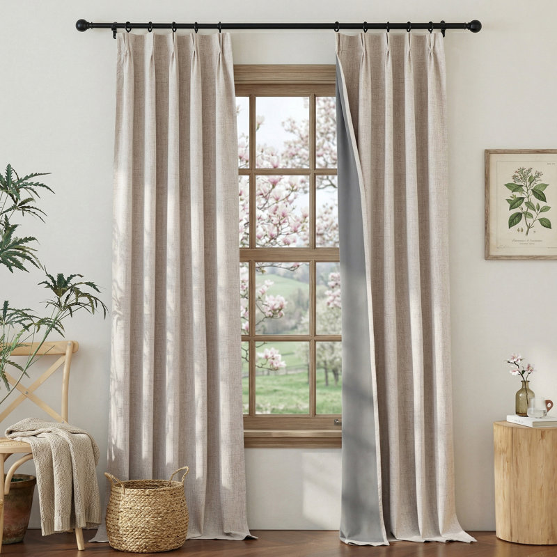 100% Blackout Linen Curtains for Bedroom, Pinch Pleated Rustic Linen Weave Window Treatments Thermal Insulated Drapes Sound Reducing for Living Room/Playroom, 2 Panels