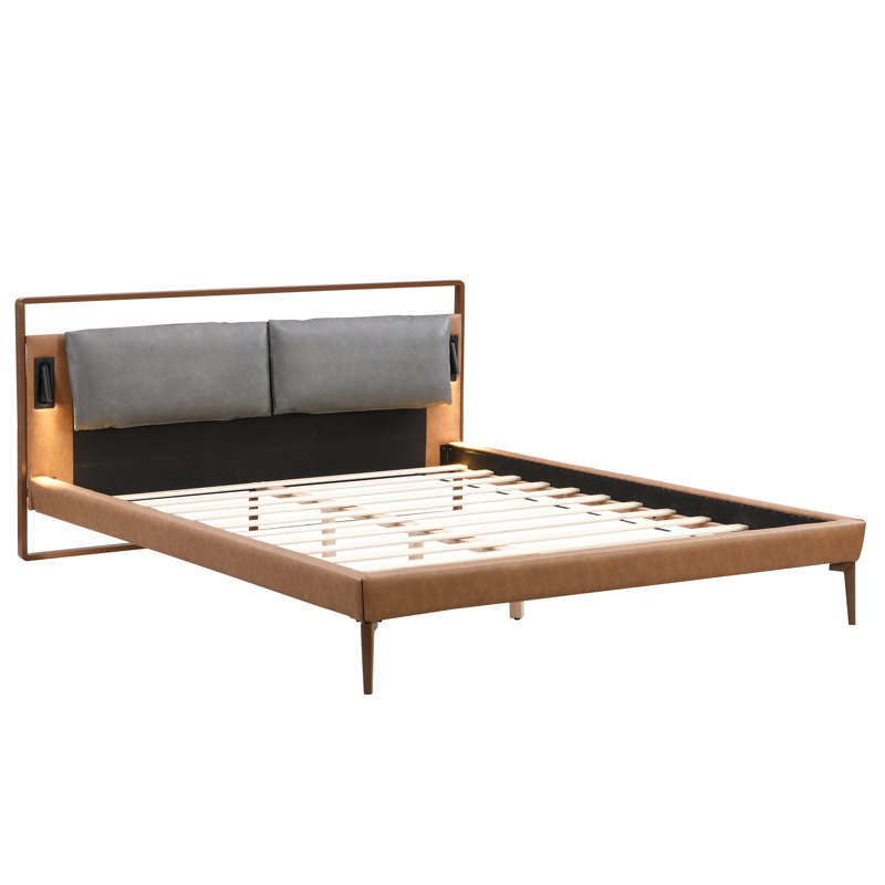 Full Size Brown & Gray Faux Leather Bed With 2Pcs Night Lights, High - Resilient Sponge Filled Headboard, Adjustable Led Slats For Even Weight Distribution, No Box Spring Required Support,