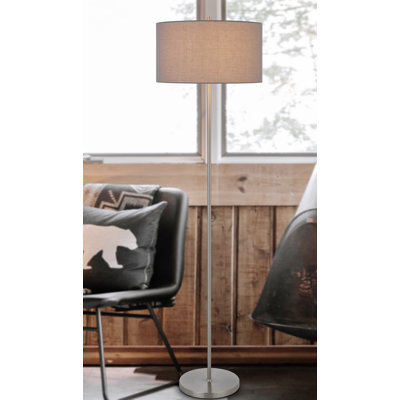 Cromwell Floor Lamp - 58.75"H Brushed Steel Metal with Smoke Grey Drum Shade 150W E26 3-Way Rotary Switch Slim Pole Design, Contemporary